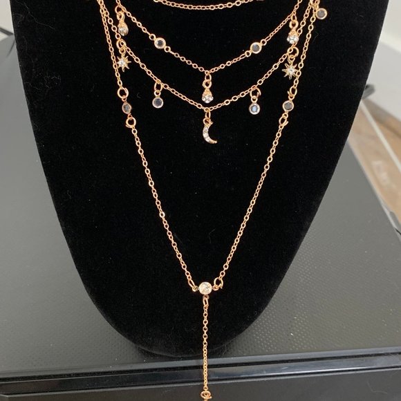 Gold Multichain Boho Crystal Moon Star Necklace - Picture 2 of 4